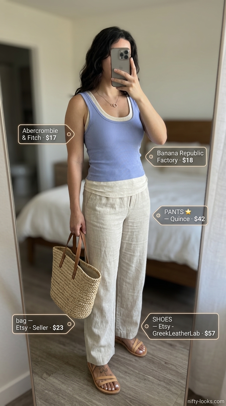 Summer Scoop Neck outfits for women 2026: Cream linen pants, scoop neck tank for beach vacations.