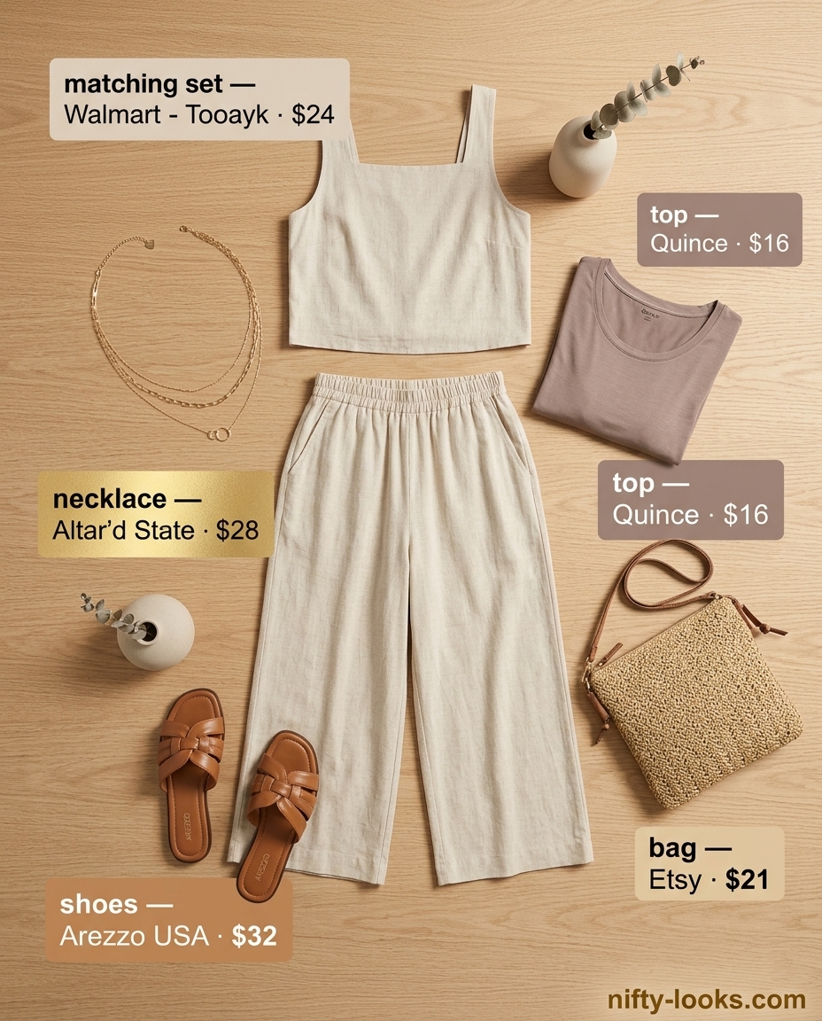 Cream linen set with scoop neck tank, wide-leg pants, straw bag for summer Scoop Neck outfits for women 2026.