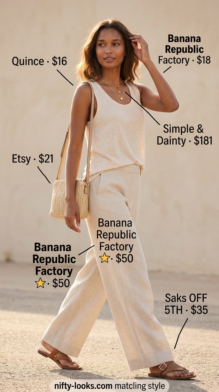 Summer Scoop Neck outfits for women 2026: Cream linen set with wide-leg pants for a casual day out or beachside lunch.