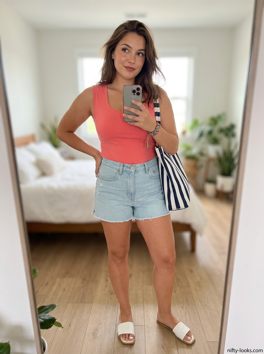 Summer Scoop Neck outfits for women 2026: Coral pink scoop neck top with distressed denim shorts for casual weekend fun.