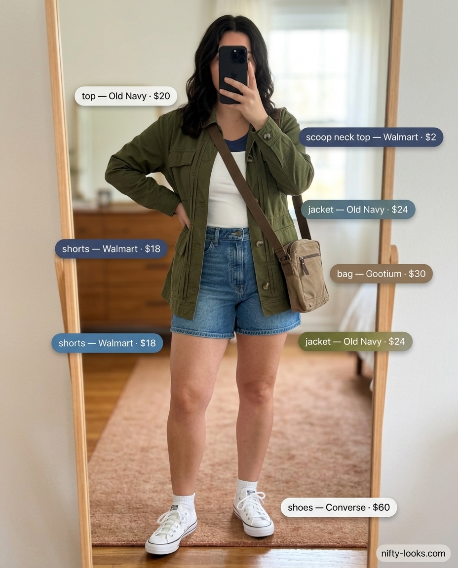 Summer Scoop Neck outfits for women 2026: Denim shorts, utility jacket, white scoop neck tee for city exploration.