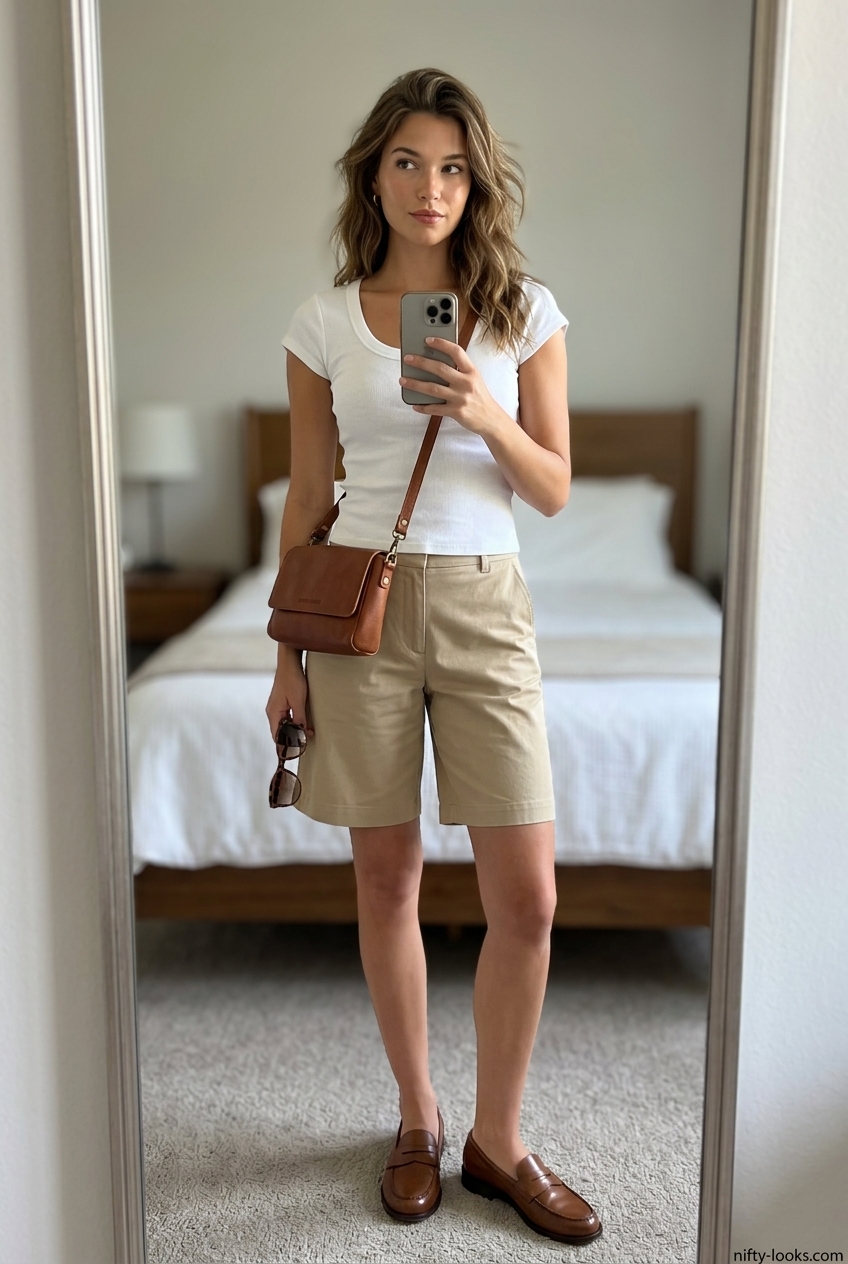 Summer Scoop Neck outfits for women 2026: Khaki linen Bermuda shorts with a white scoop neck top for city chic style.