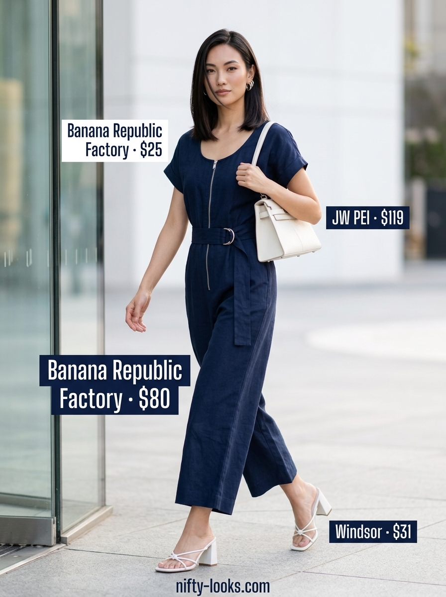 Summer Scoop Neck outfits for women 2026: Navy blue linen jumpsuit with white mules for a chic daytime event or travel.