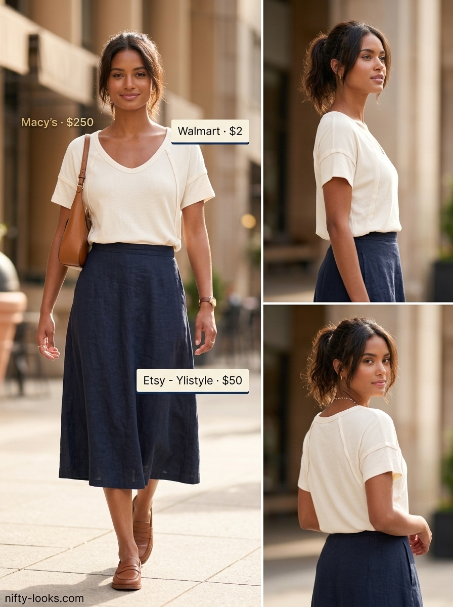 Navy linen midi skirt, cream scoop neck tee, tan loafers for summer Scoop Neck outfits for women 2026.
