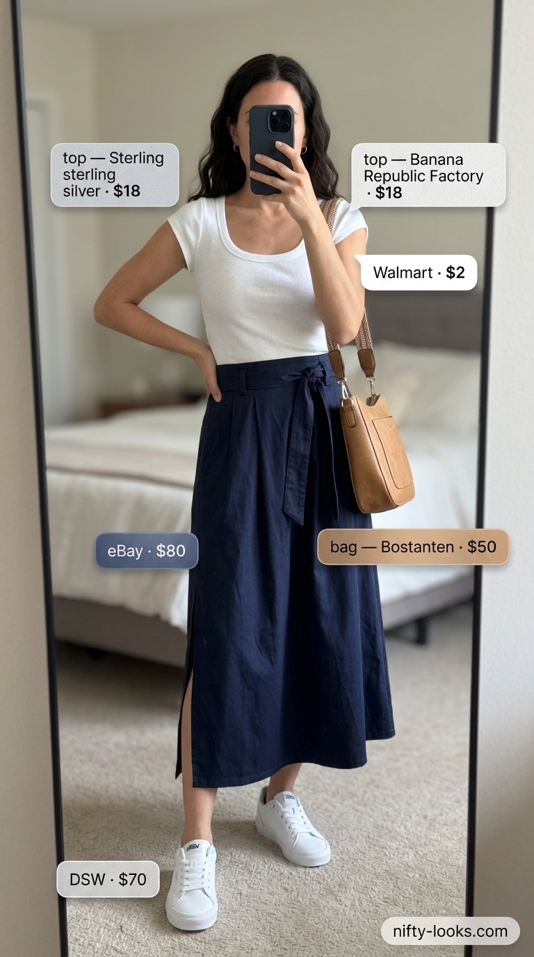 Navy midi skirt, white scoop neck tee, tan crossbody bag for summer Scoop Neck outfits for women 2026.