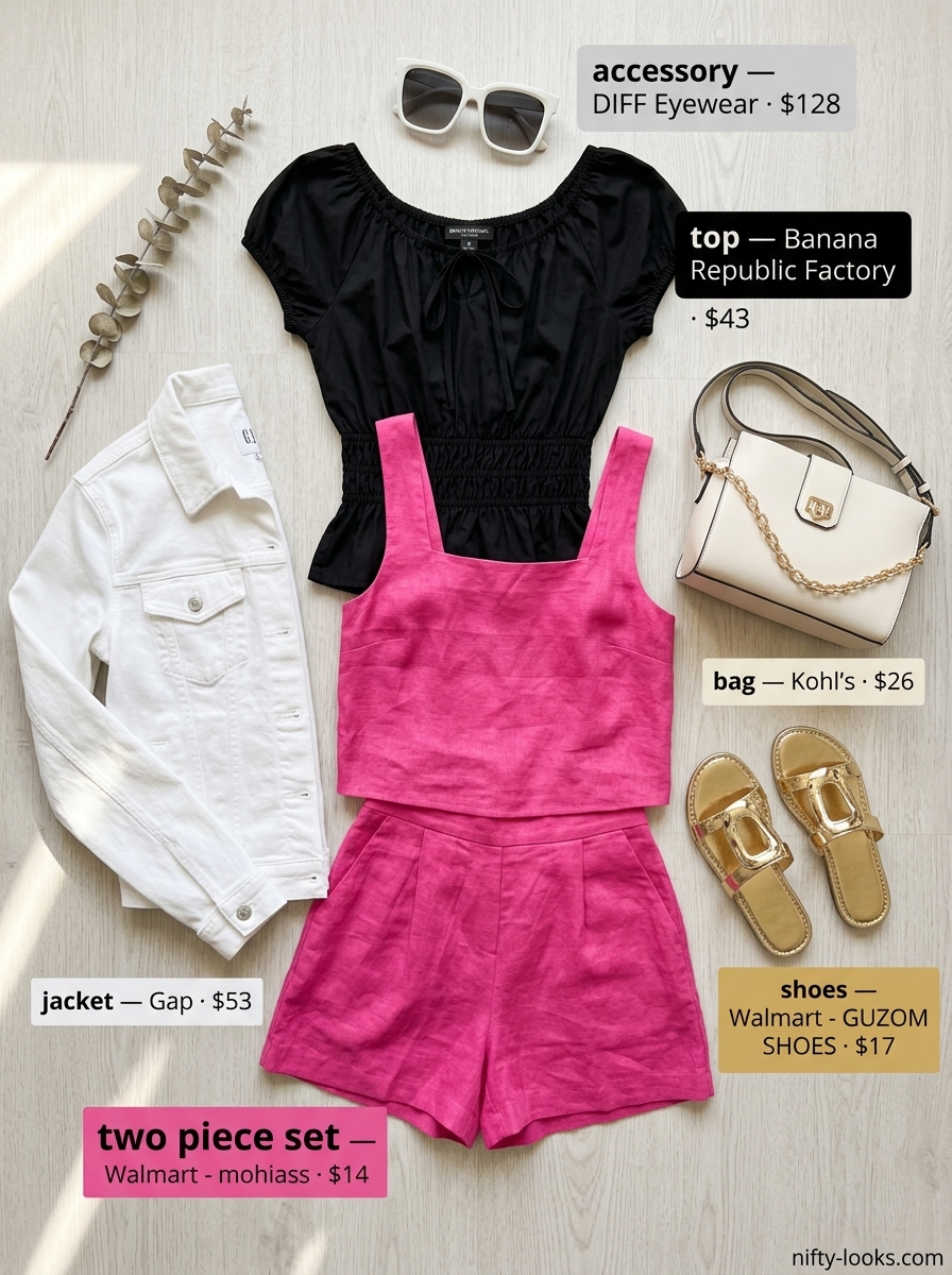 Summer Scoop Neck outfits for women 2026: Hot pink co-ord set, white denim jacket for summer parties.