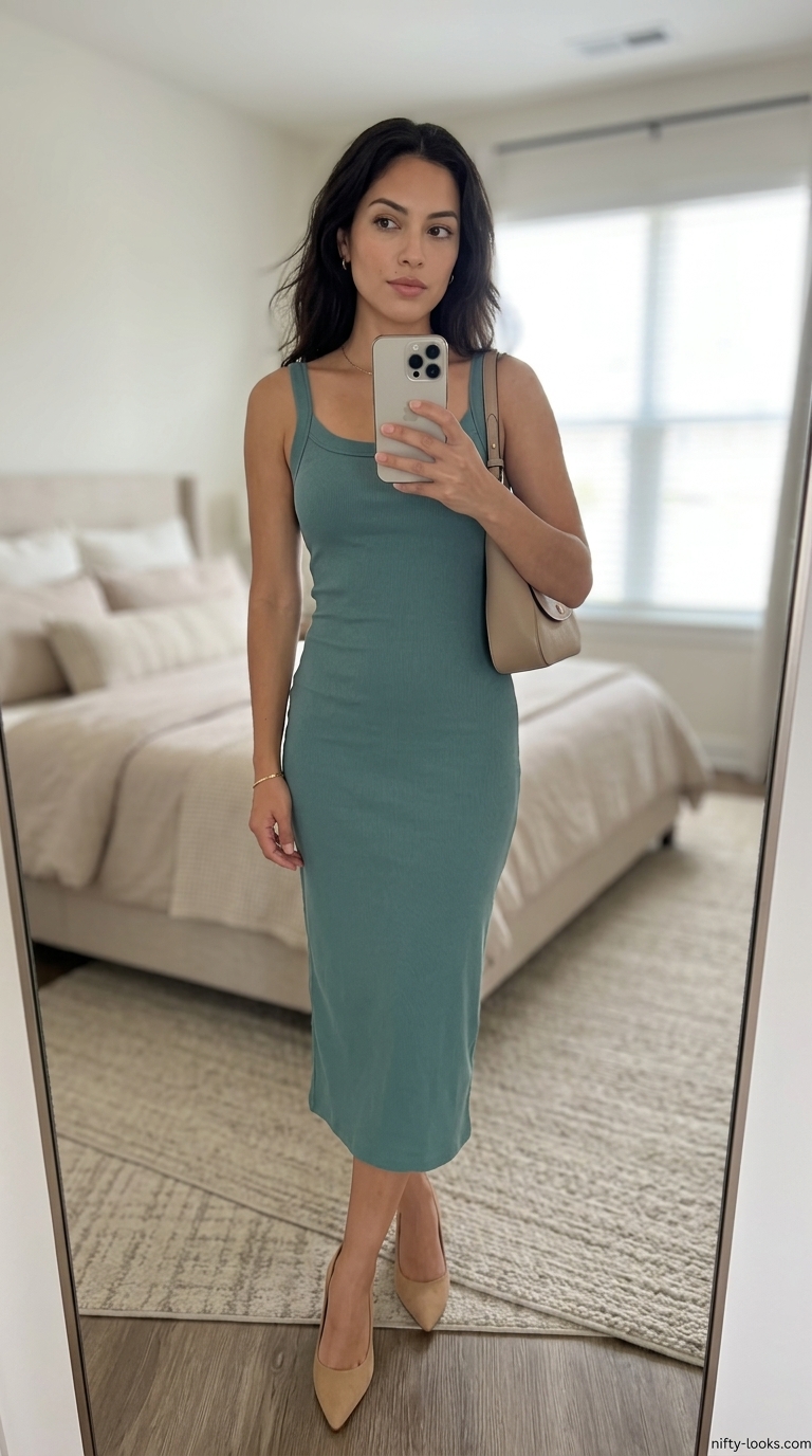 Summer Scoop Neck outfits for women 2026: Muted teal knit midi dress with beige accessories for smart casual events.