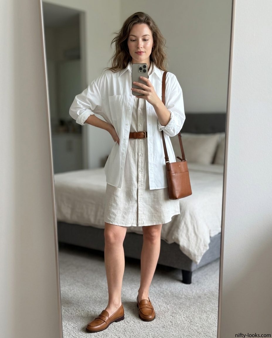 Khaki Bermuda shorts and oversized white shirt for elevated athleisure in 2026. Smart casual style.