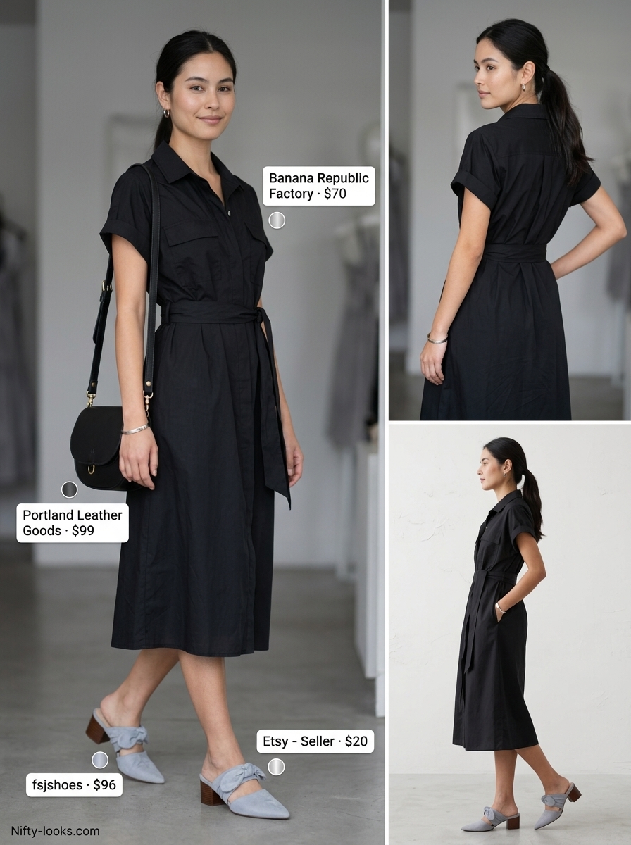 Black midi shirt dress for sophisticated evening wear in 2026. Minimalist and modern style.