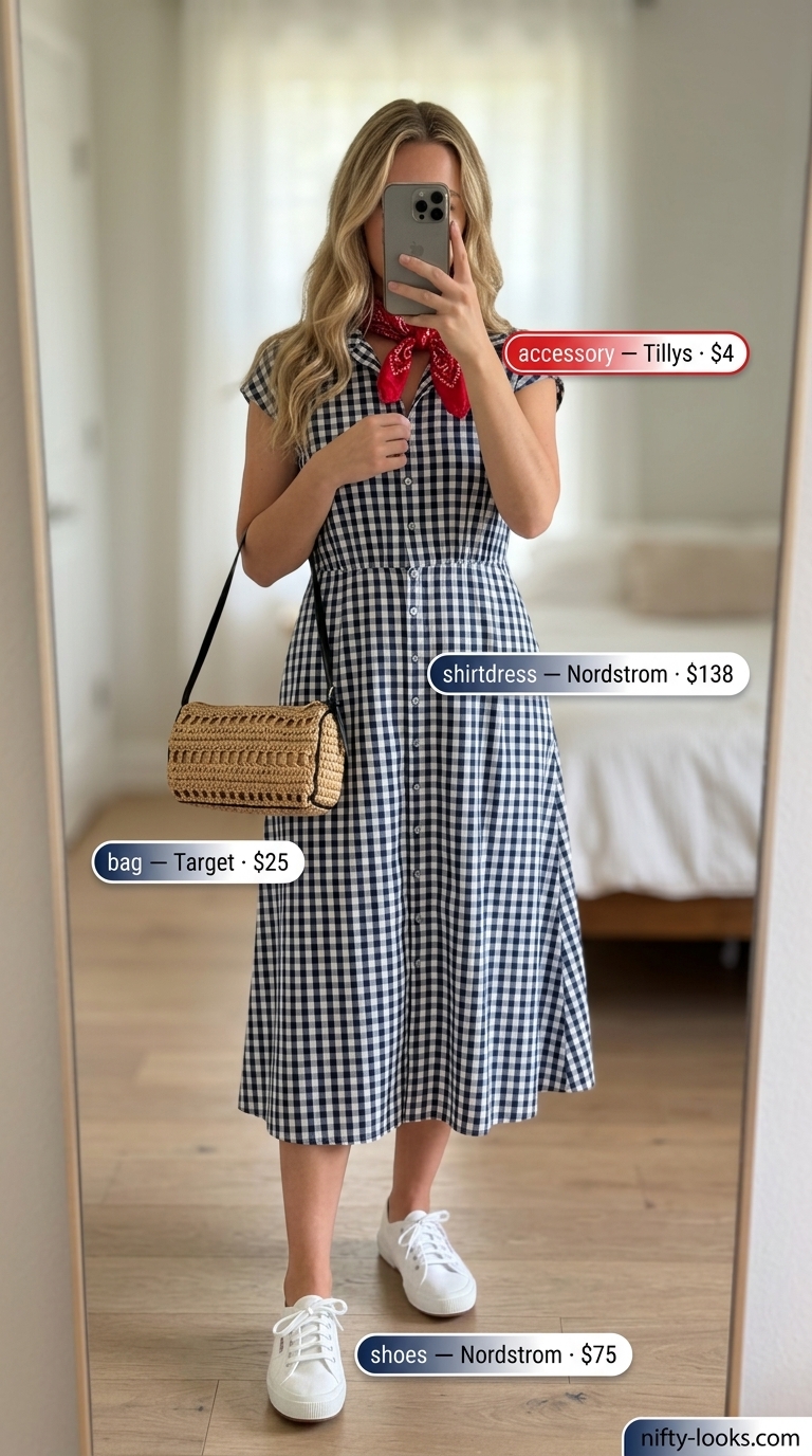 Blue gingham shirt dress for women 2026, paired with sneakers and a bandana for a playful picnic outfit.