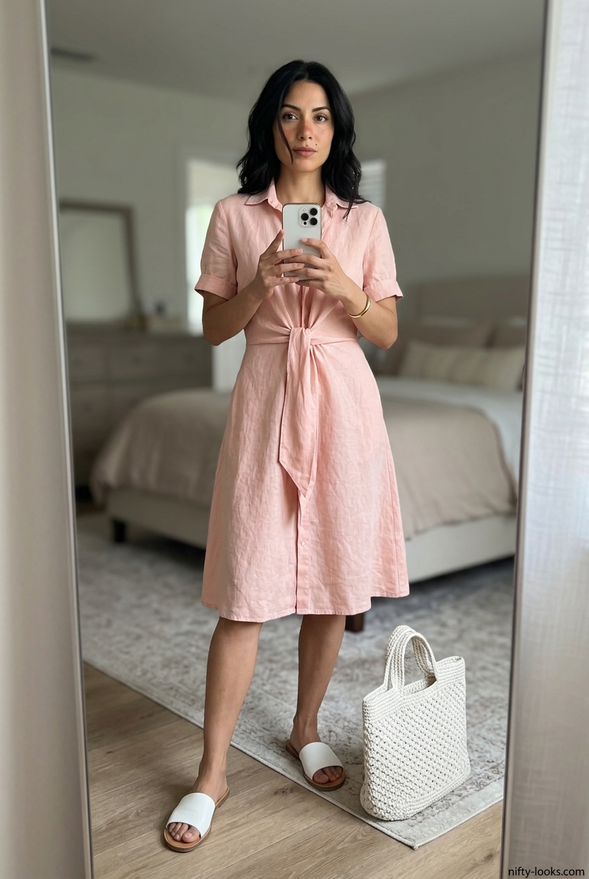 Blush pink linen shirt dress for casual days and brunch in 2026. Polished and relaxed.