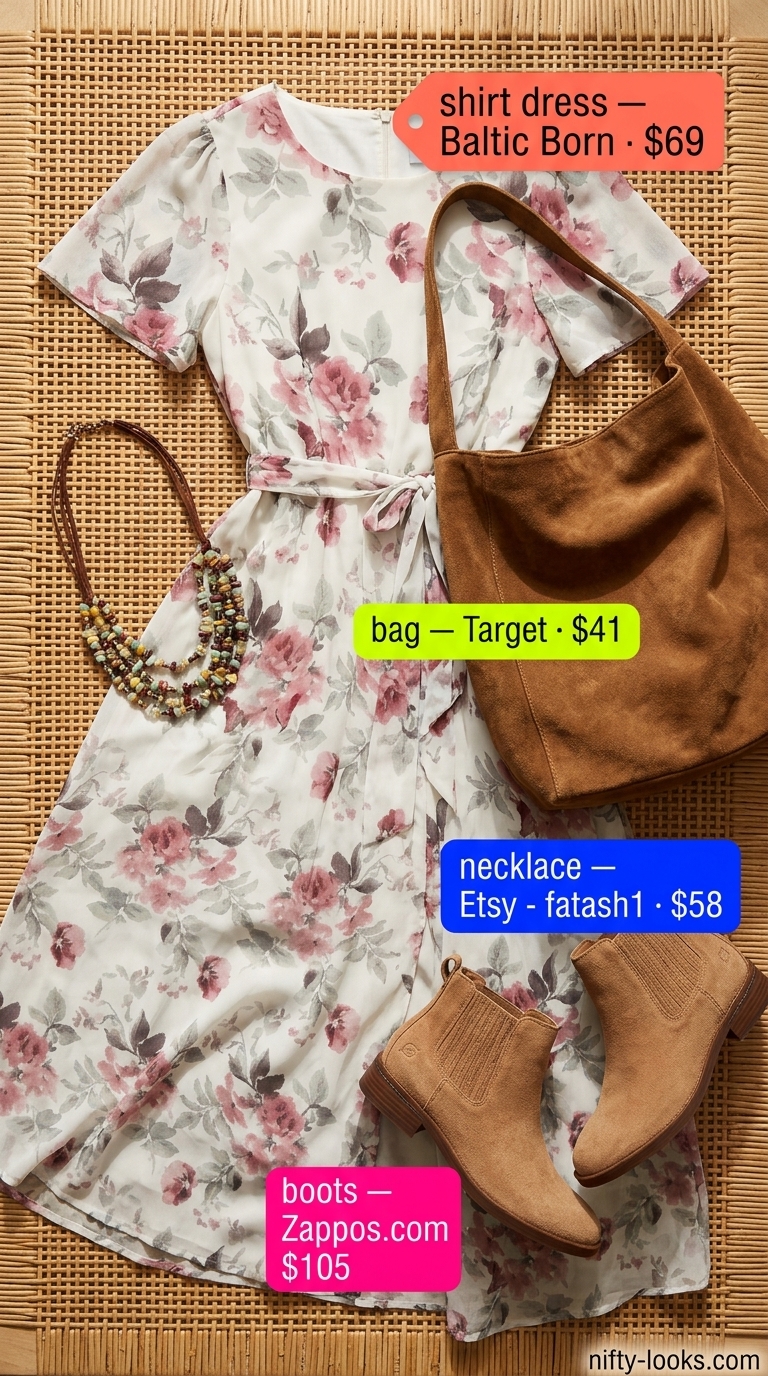 Boho maxi shirt dress for women 2026 in muted floral print with suede boots and bag. Perfect for festivals.