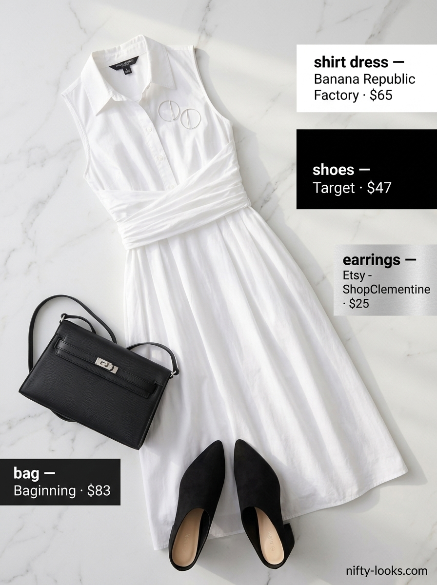 Chic white cotton poplin shirt dress for women 2026 city outings with black mules and silver bag.