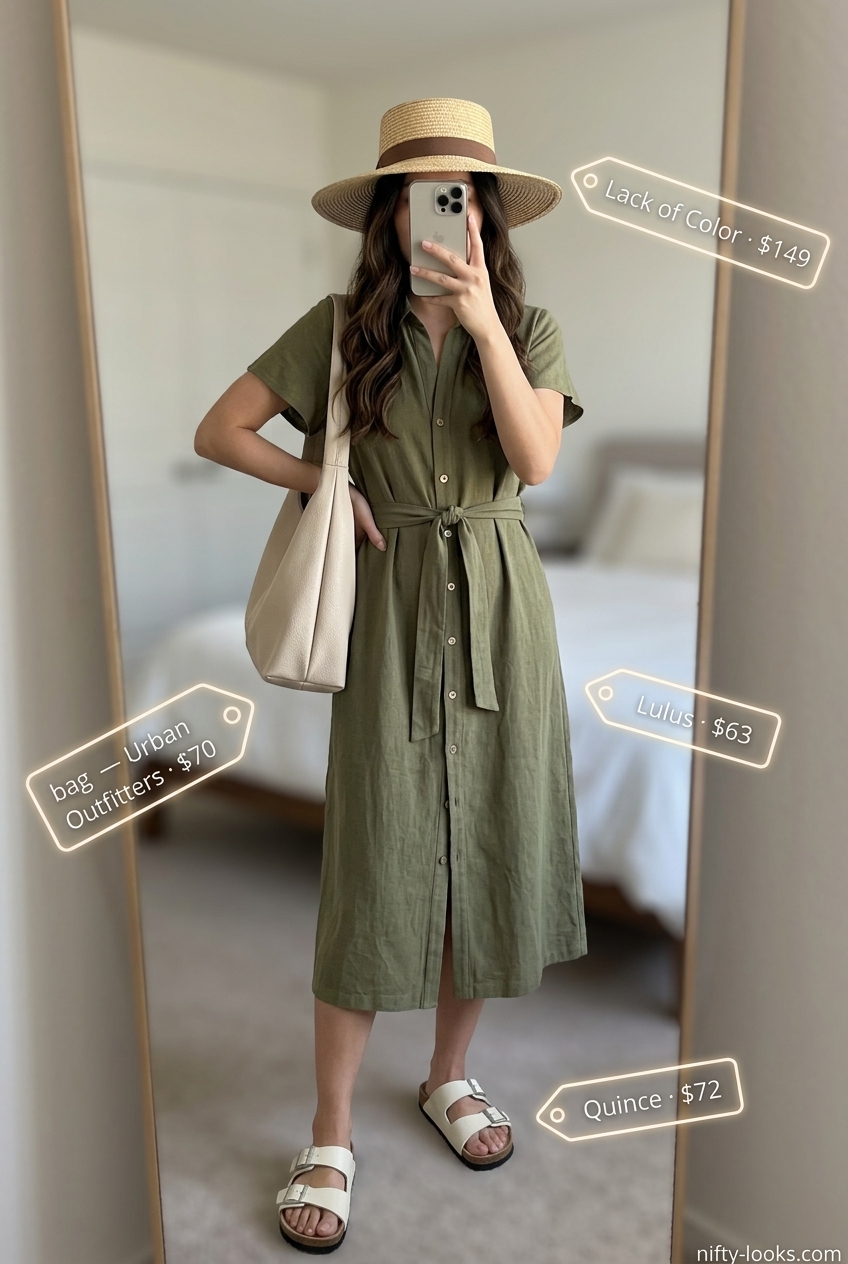 Relaxed olive green linen shirt dress for women 2026, styled with tan slides and straw hat.