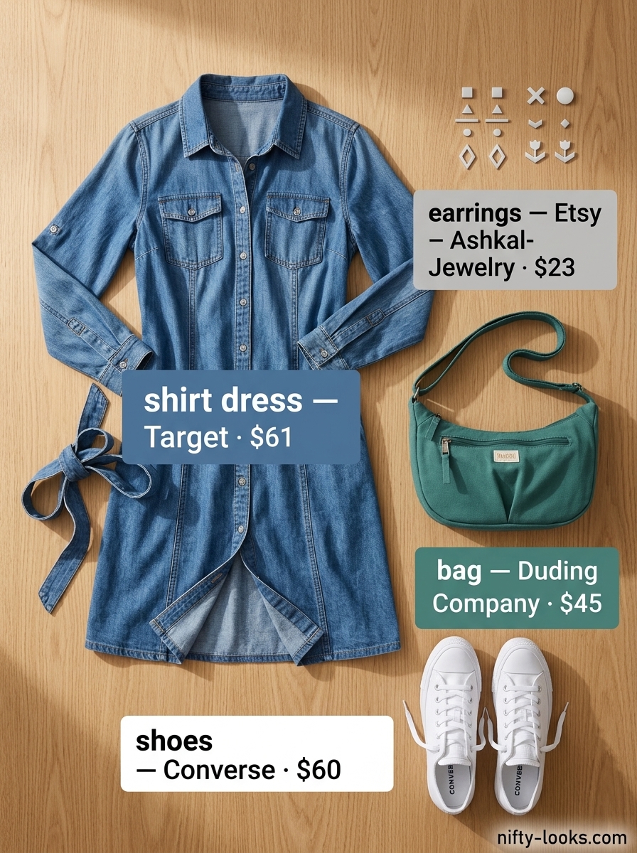 Casual summer shirt dress for women 2026 in medium wash denim with white sneakers and tan crossbody bag.