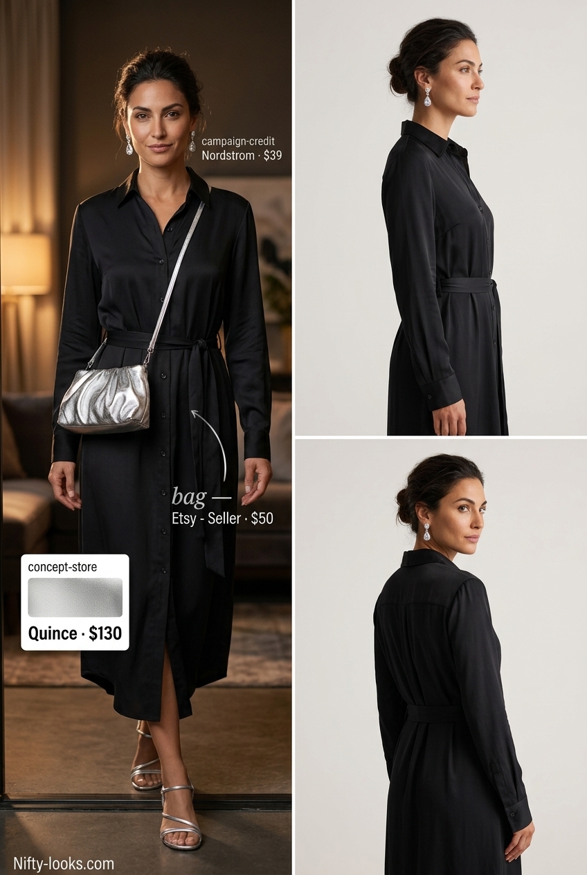 Elegant black satin shirt dress for women 2026 evening events with silver heels and crystal earrings.