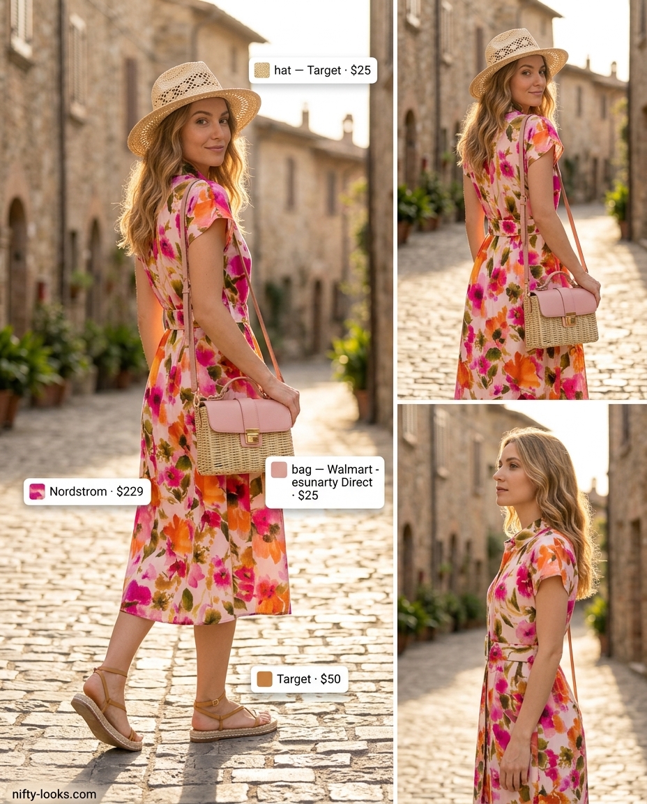 Floral print shirt dress for women 2026, styled with espadrilles and a straw hat for a playful summer party.