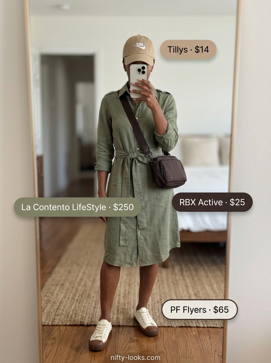 Khaki green utility shirt dress for women 2026, styled with sneakers and a baseball cap for a casual weekend look.