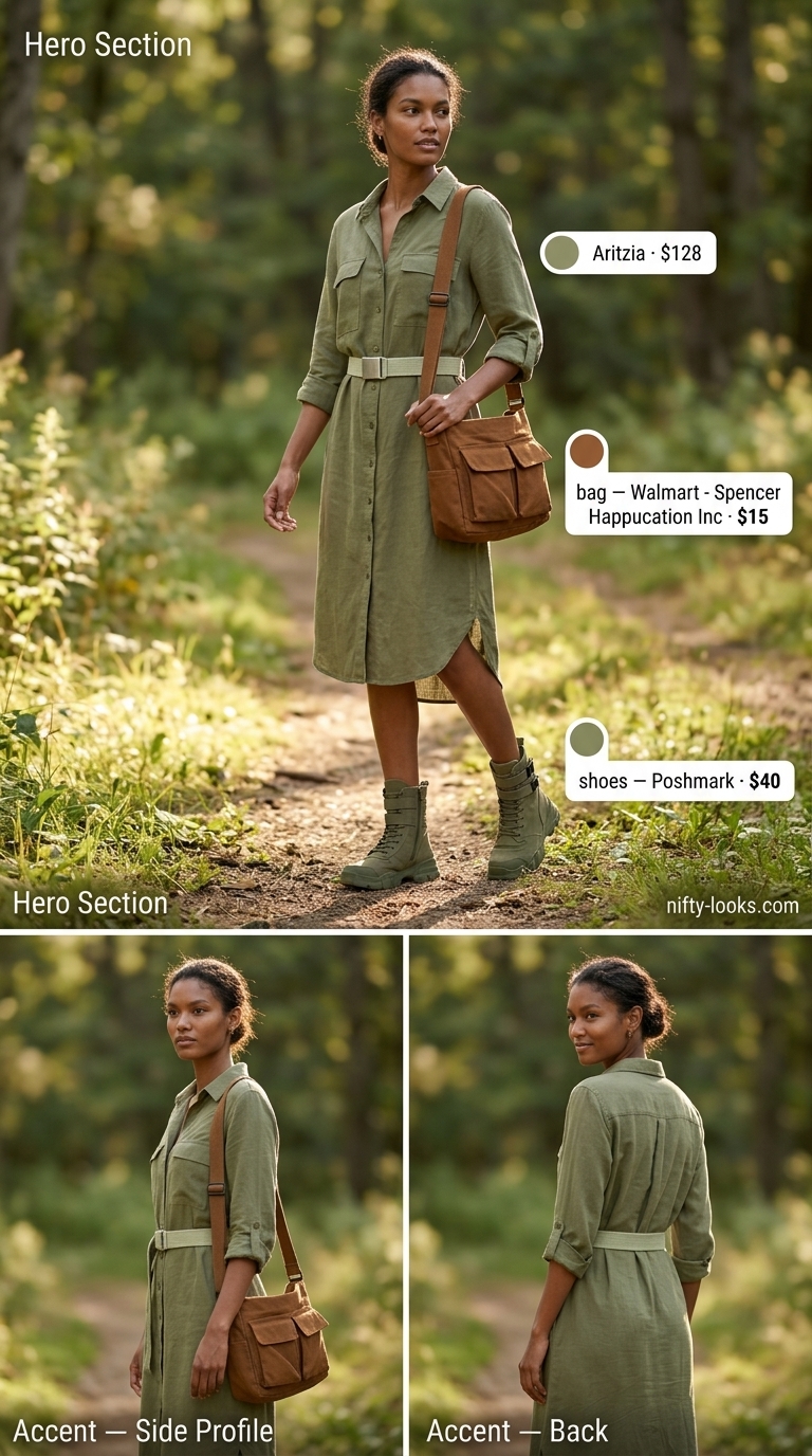 Khaki utility shirt dress for women 2026, styled with combat boots and a canvas belt for a weekend getaway.