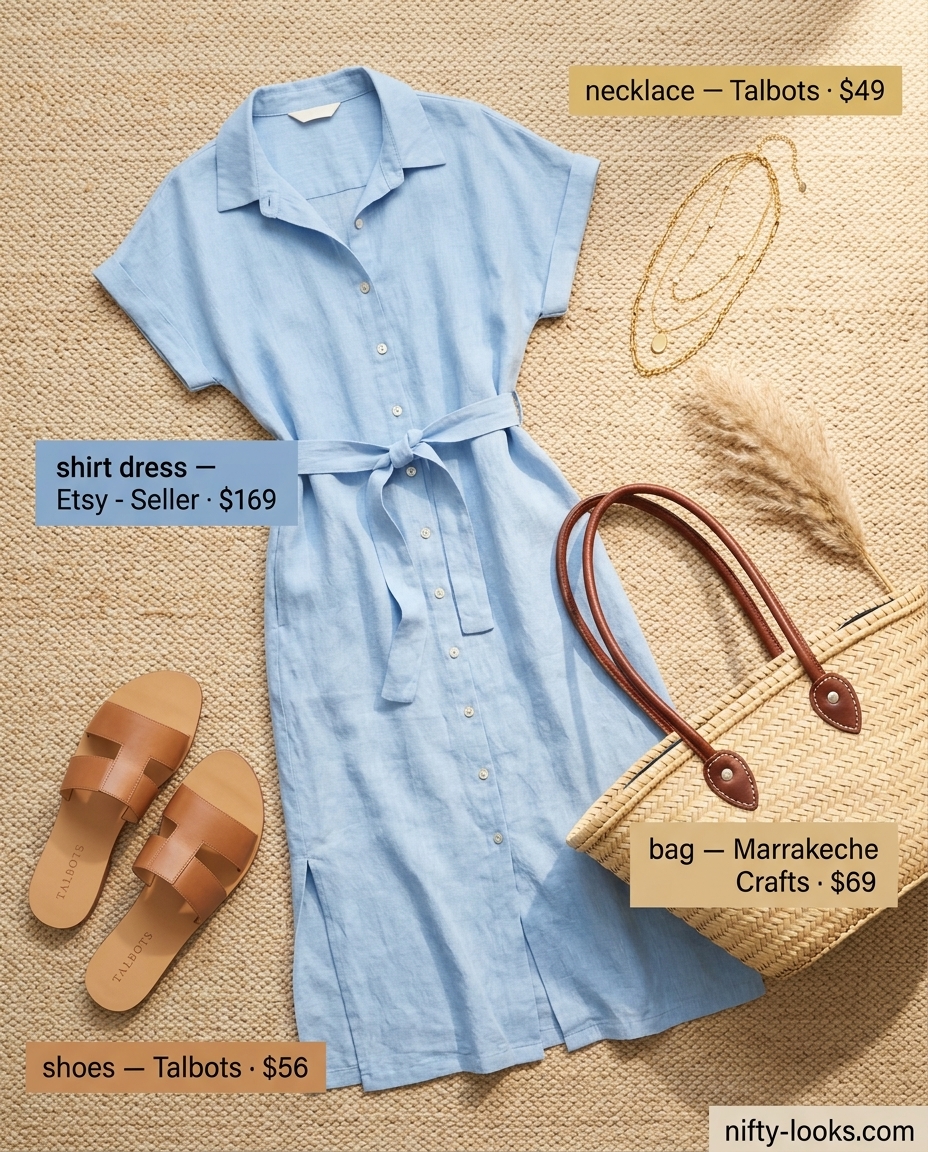 Light blue linen blend shirt dress for beach days and casual outings in 2026. Breezy and effortless.
