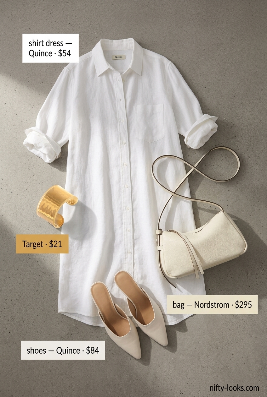 Minimalist ivory linen shirt dress for women 2026, styled with ivory mules and gold cuff.