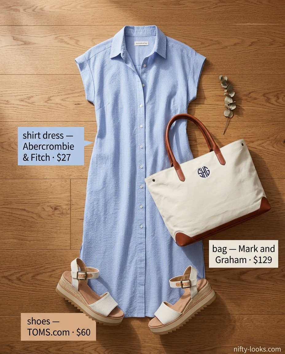 Blue stripe seersucker shirt dress for women 2026, paired with espadrilles and a tote for a classic daytime look.