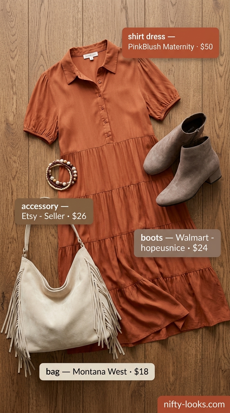 Terracotta midi shirt dress for women 2026, styled with suede boots and fringe bag for a boho evening look.