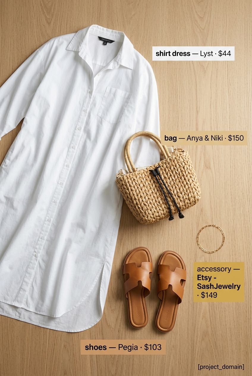 White linen shirt dress for women 2026, styled with leather slides and a straw tote for a minimalist chic look.