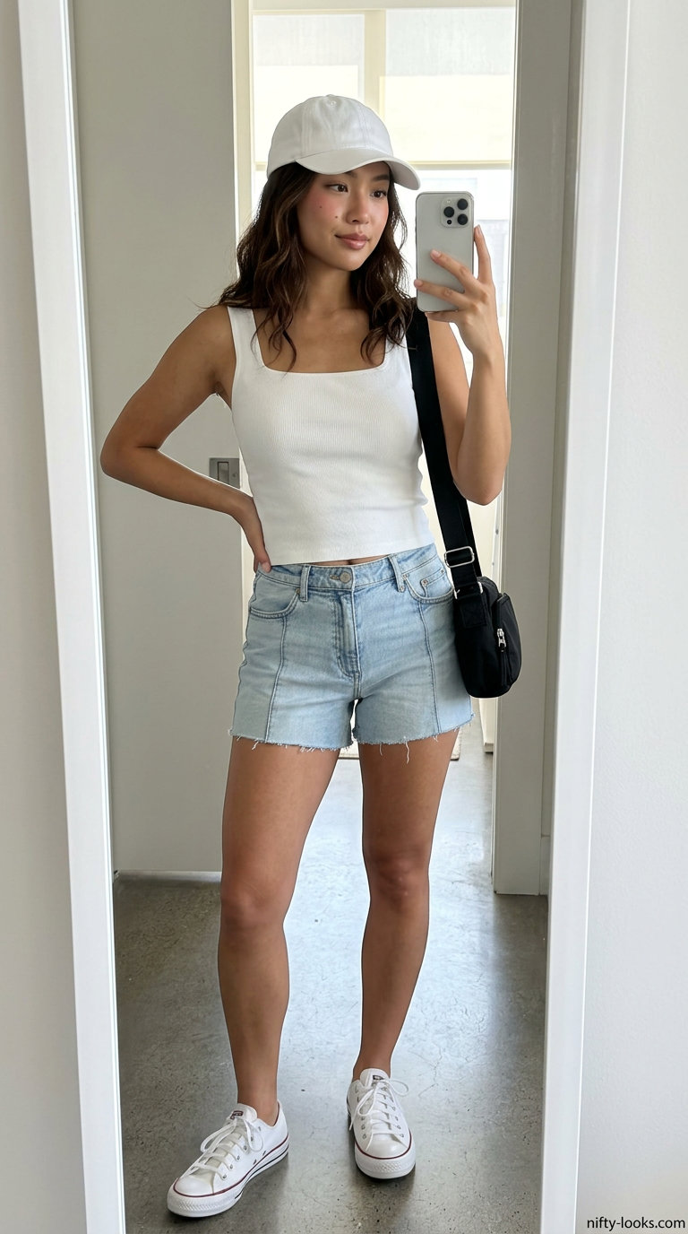 Muted blue square neck t-shirt with light wash denim shorts for casual weekend wear in 2026.