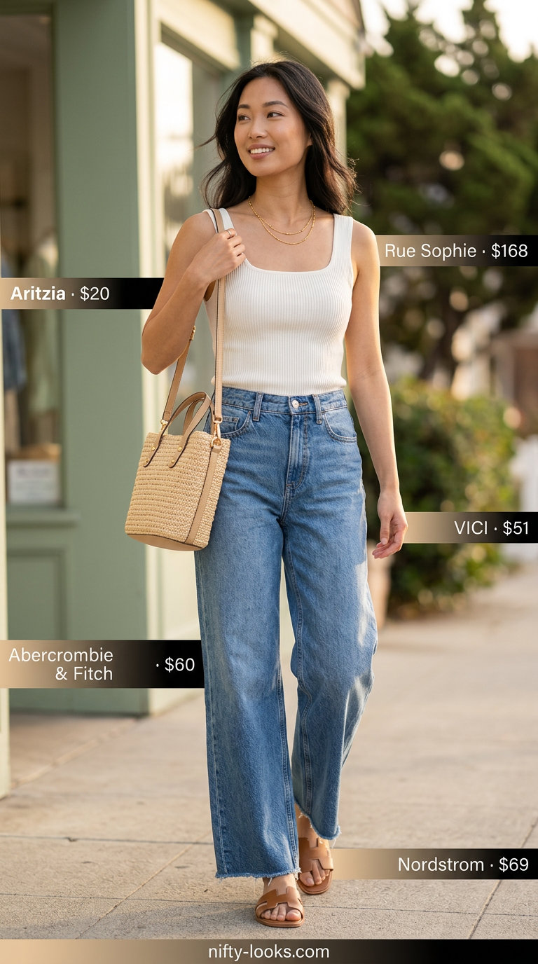 White square neck linen blend top with medium wash wide-leg jeans for coastal chic in 2026.