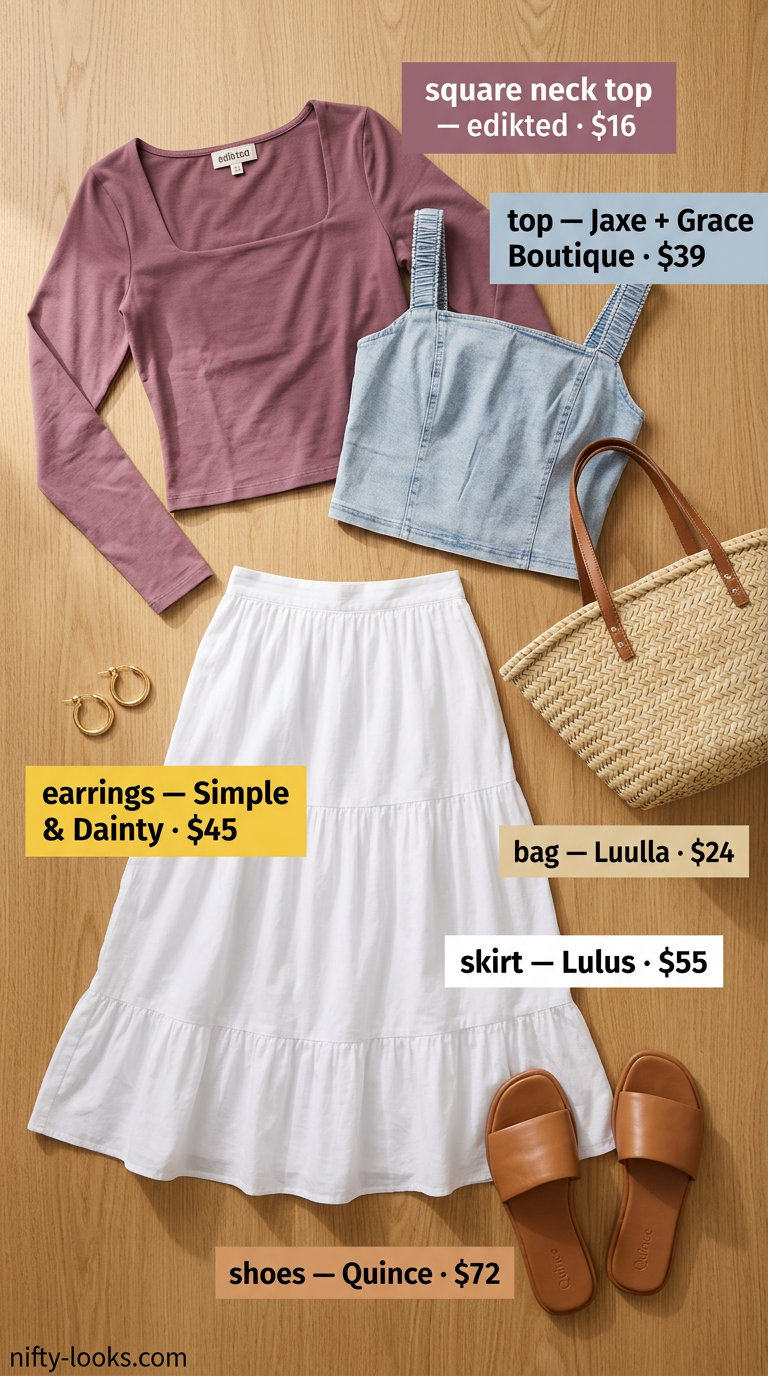 Summer Square Neck outfits for women 2026: Denim crop top, white midi skirt, tan slides for brunch.