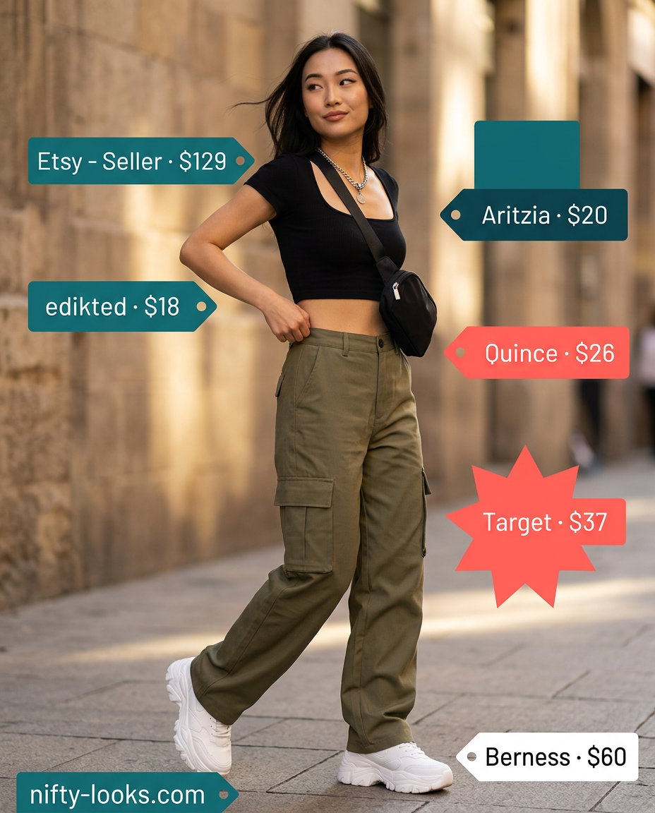 Fitted black square neck crop top with khaki cargo pants for edgy streetwear in 2026.