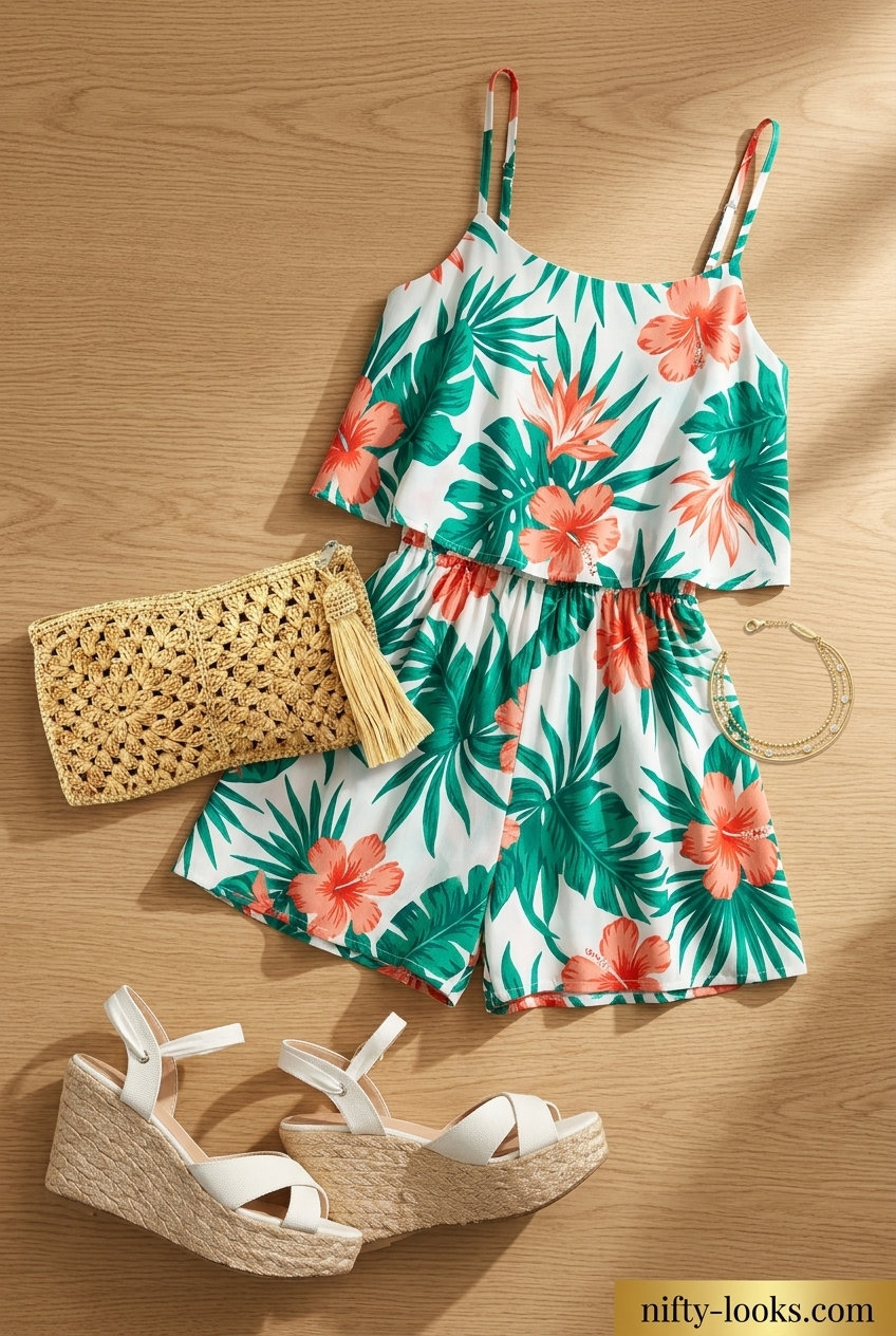 Floral square neck romper in coral and emerald green for a playful summer party in 2026.