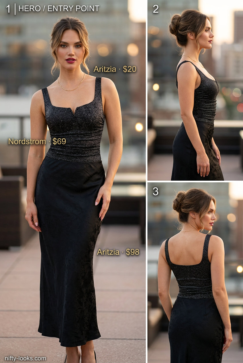 Summer Square Neck outfits for women 2026: Silver metallic bodysuit, black maxi skirt for evening.