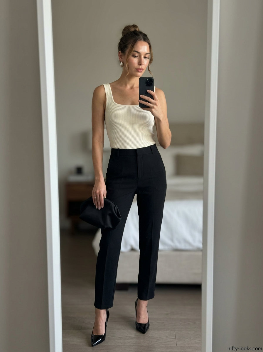 Creamy ivory square neck bodysuit with black cigarette pants for a minimalist evening look in 2026.