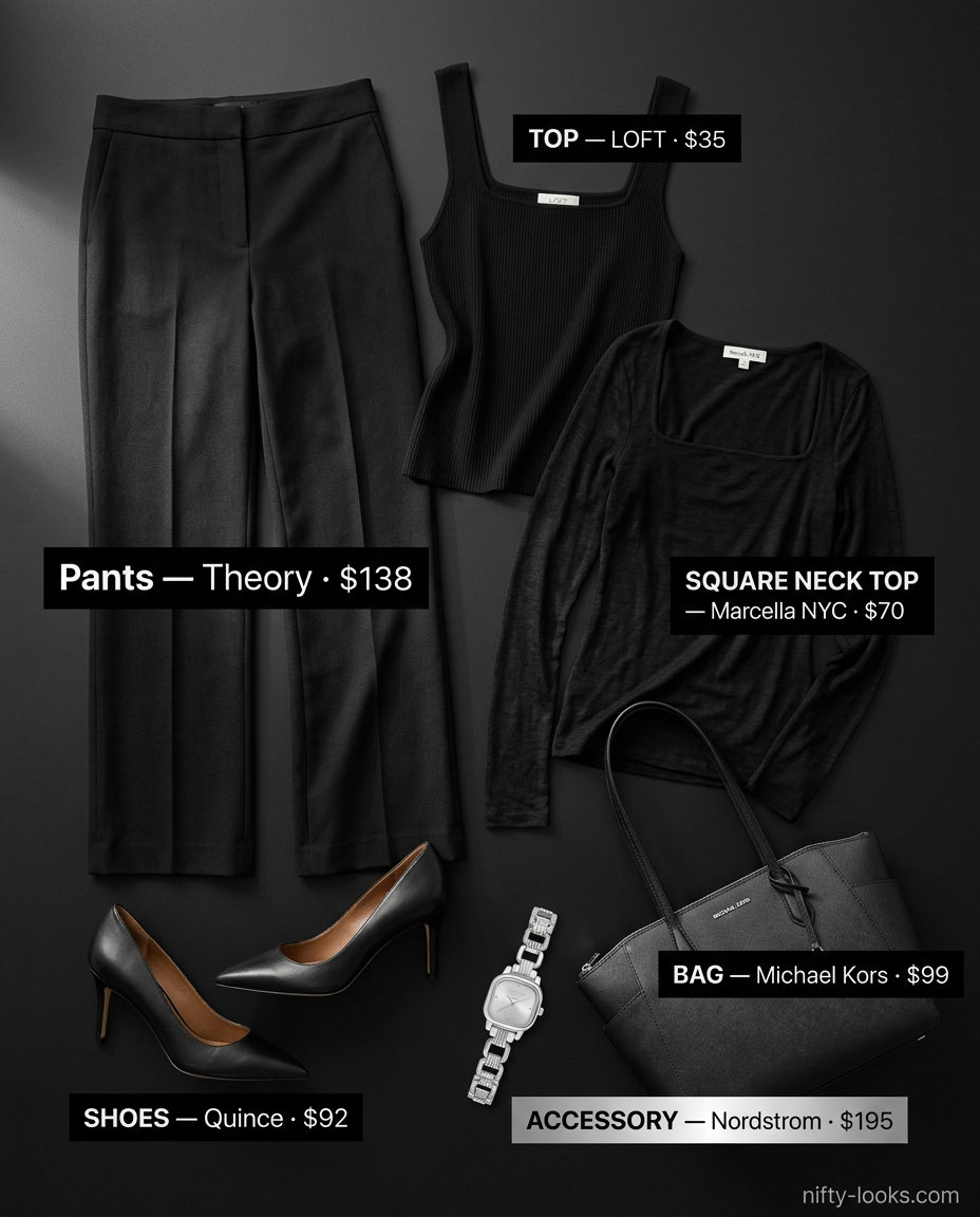 Sleeveless black square neck top with black tailored trousers for professional office wear in 2026.