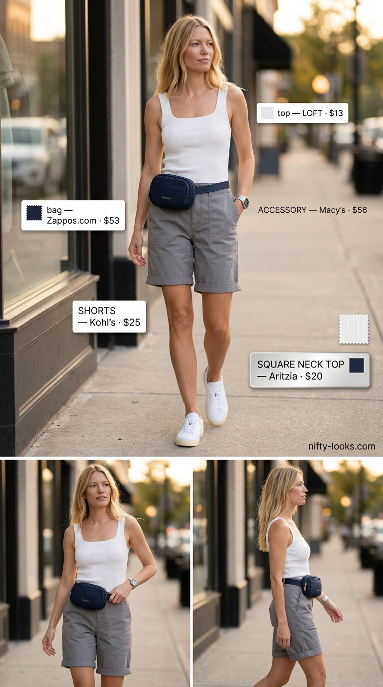 Summer Square Neck outfits for women 2026: White ribbed tank top, grey shorts for sporty look.