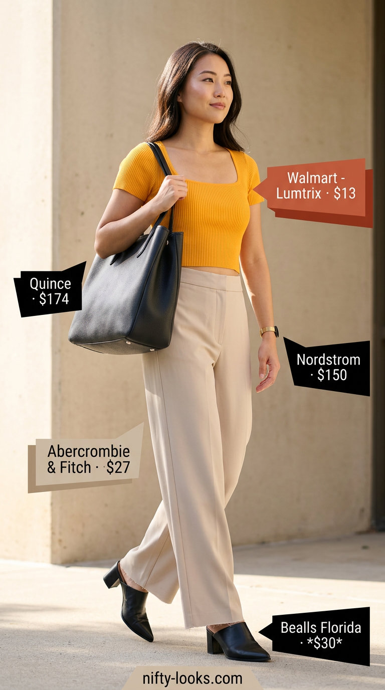 Terracotta square neck top with beige wide-leg trousers for sophisticated office wear in 2026.