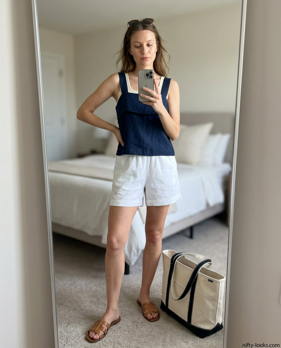 Olive green square neck linen tank top with white linen shorts for relaxed vacation wear in 2026.