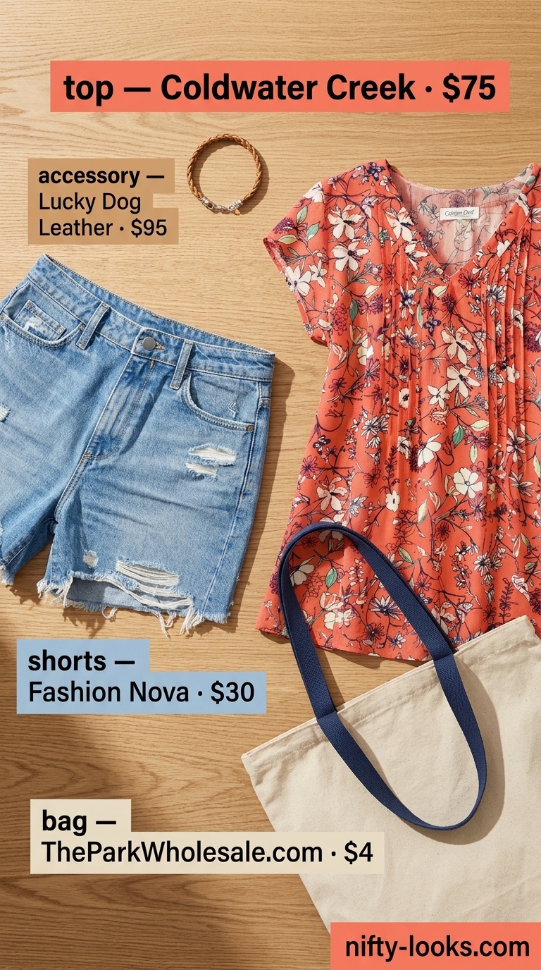 Summer Street style outfits for women with Rectangle Shape 2026: Blue denim shorts, coral floral blouse, white sneakers, canvas tote.