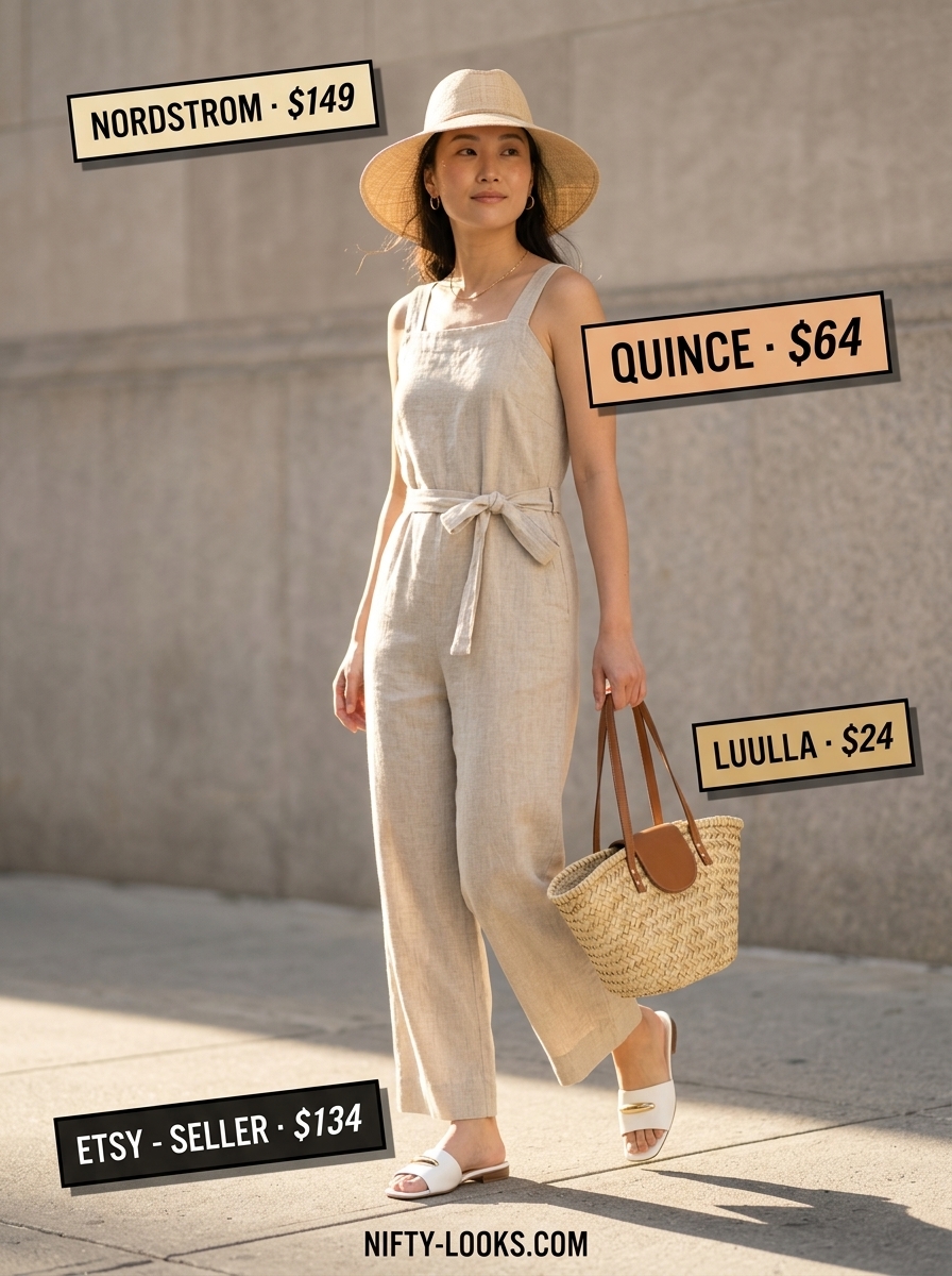 Summer Street style outfits for women with Rectangle Shape 2026: Beige linen jumpsuit, white slides, straw hat and tote.