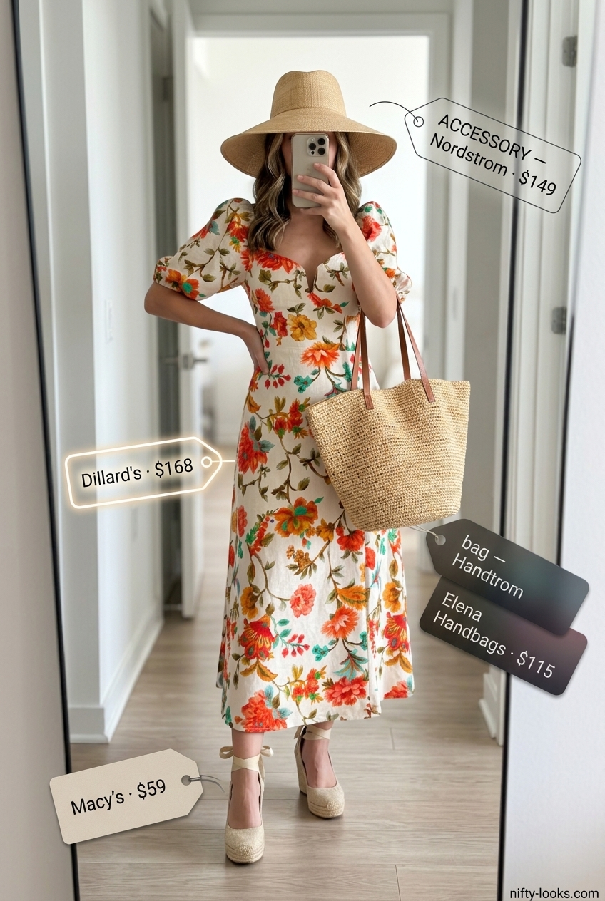 Summer Street style outfits for women with Rectangle Shape 2026: Coral floral midi dress, espadrille wedges, straw hat and tote.