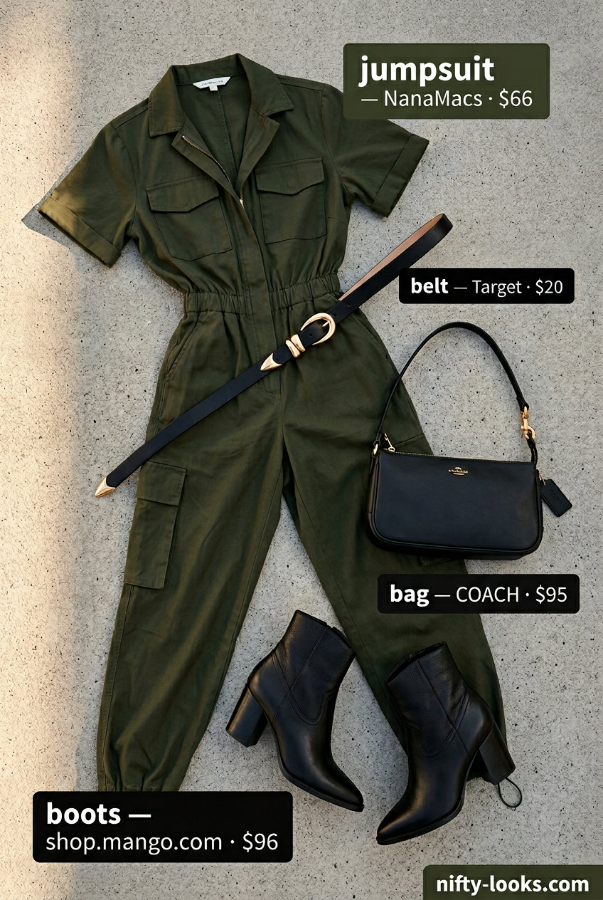 Summer Street style outfits for women with Rectangle Shape 2026: Olive utility jumpsuit, black ankle boots, leather belt, crossbody bag.