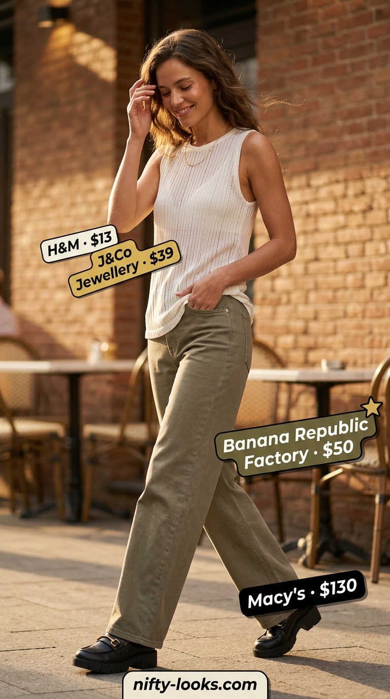 Summer Street style outfits for women with Rectangle Shape 2026: Olive wide-leg pants, cream tank top, black loafers, crossbody bag.