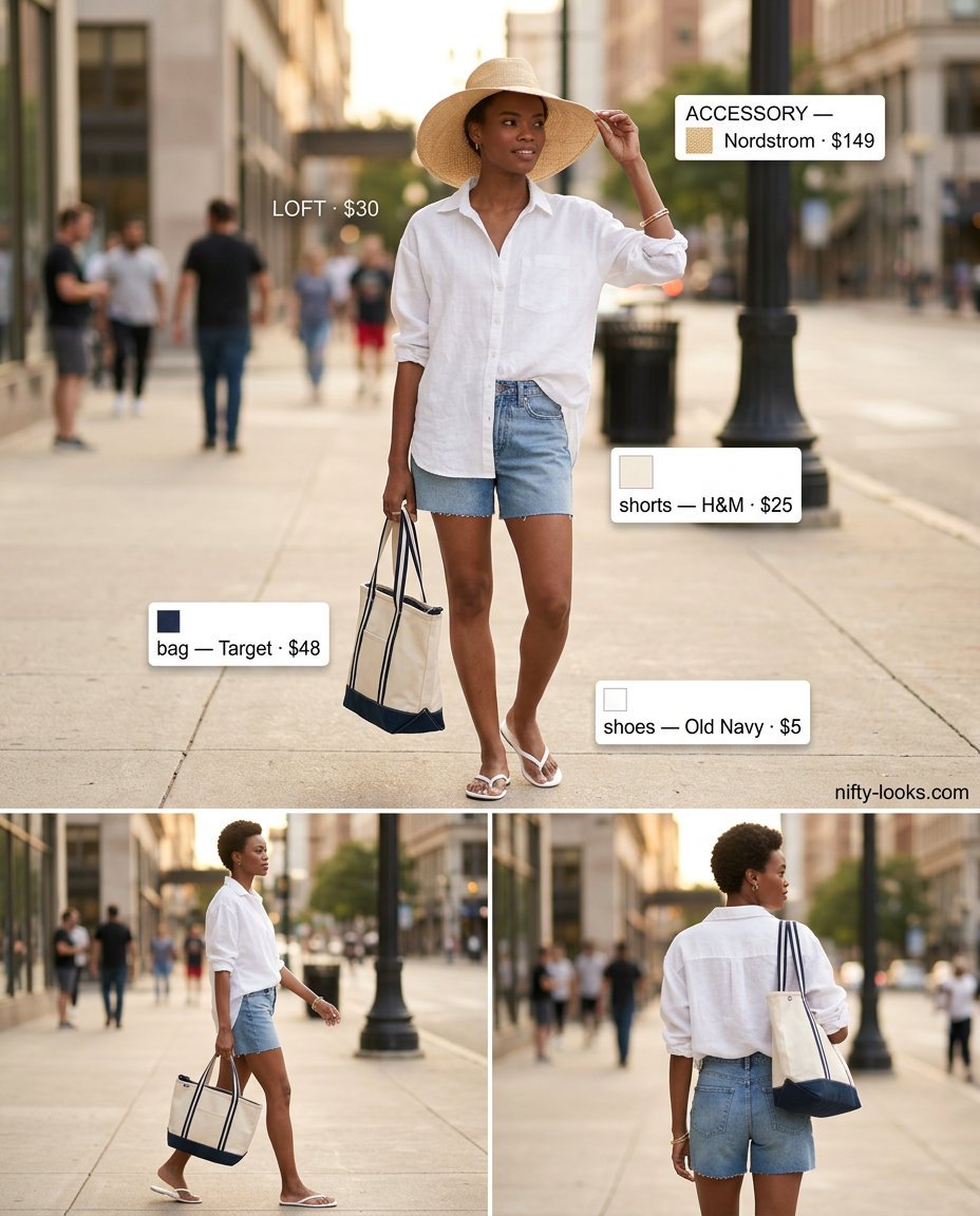 Denim shorts & white linen shirt for summer street style outfits for women with rectangle shape 2026. Relaxed beachside look with straw hat.