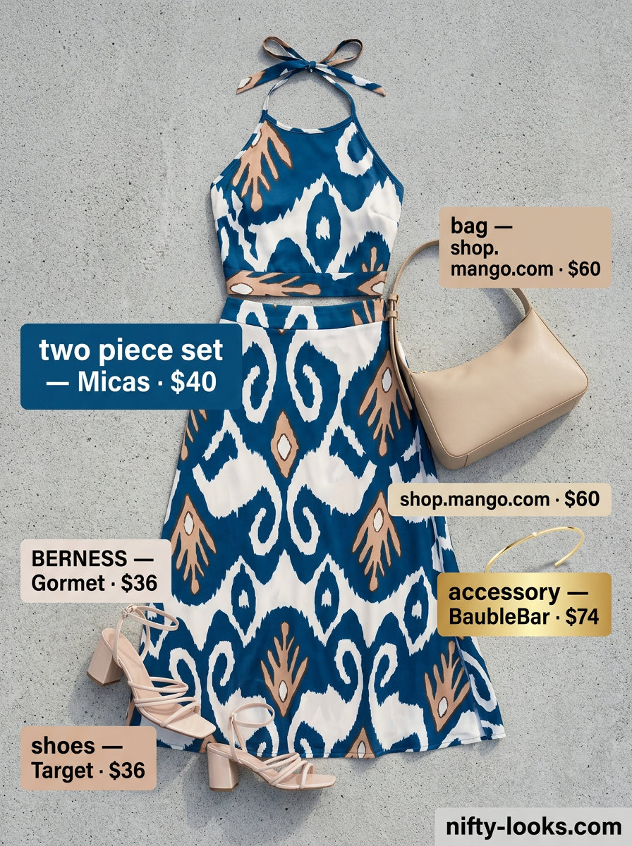 Terracotta abstract print satin set for summer street style outfits for women with rectangle shape 2026. Includes crop top, midi skirt, gold cuff, and block heels.