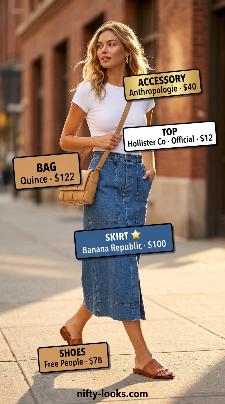 Denim midi skirt with white tee & tan sandals for summer street style. Rectangle shape 2026.
