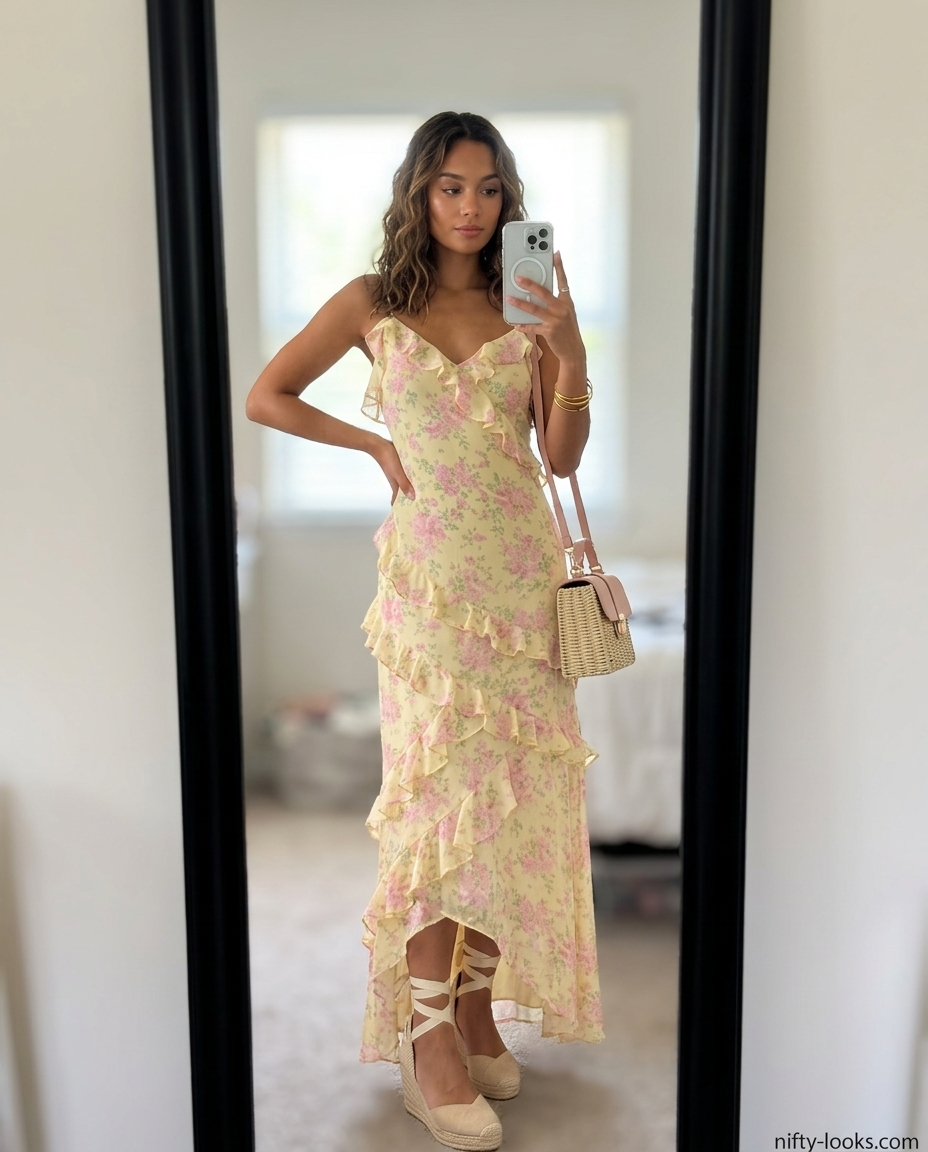 Bold floral maxi dress with espadrilles for summer event street style. Rectangle shape 2026.