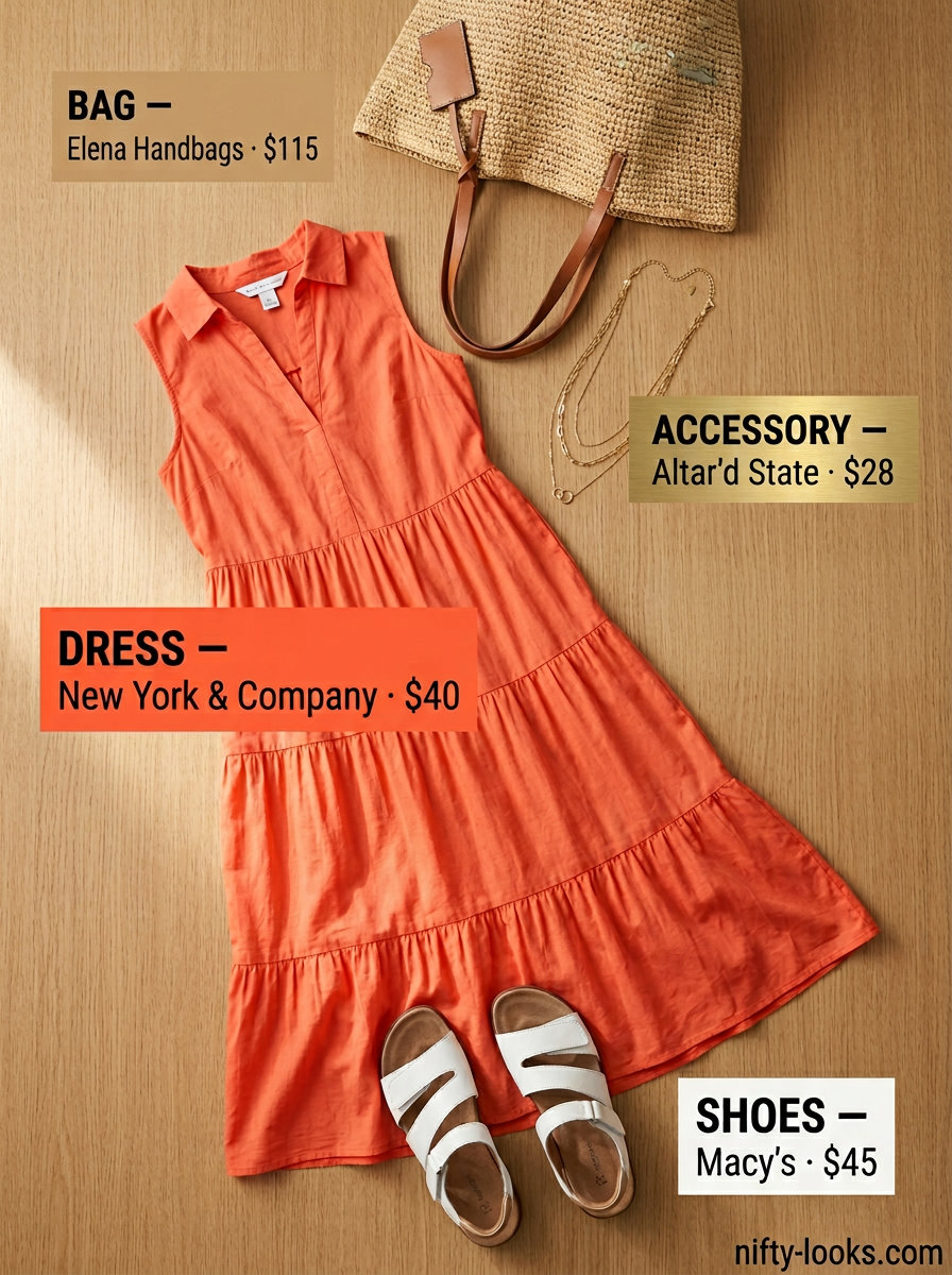 Terracotta tiered sundress for summer street style outfits for women with rectangle shape 2026. Effortless look with straw tote and flat sandals.