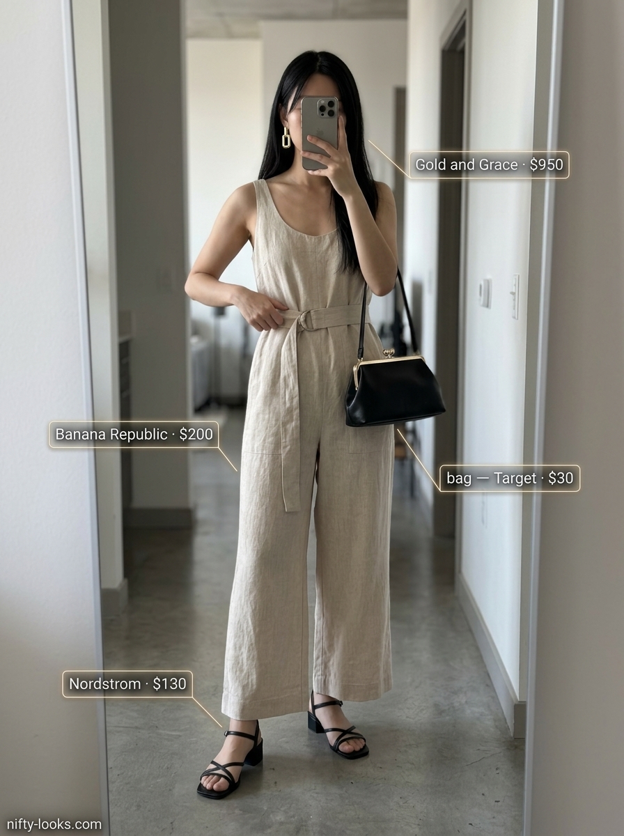 Khaki wide-leg jumpsuit for summer street style outfits for women with rectangle shape 2026. Sophisticated evening look with heeled sandals.